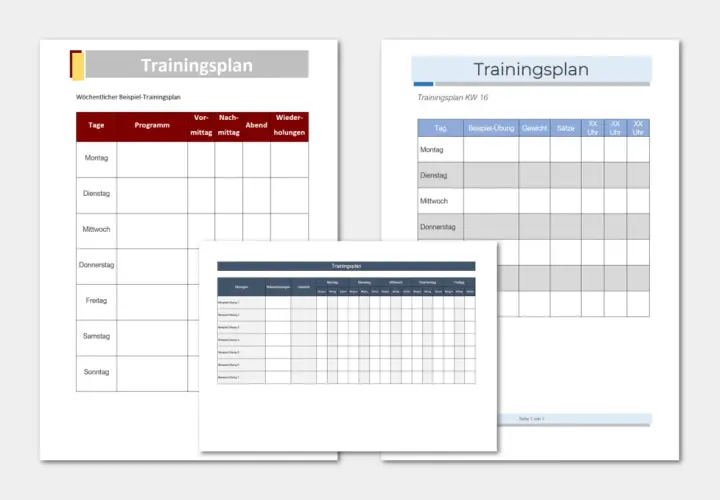 Kostenlose Trainingsplan-Vorlagen für die Wochenplanung. Verschiedene Formate zur Organisation von Übungen, Wiederholungen und Zeiten.