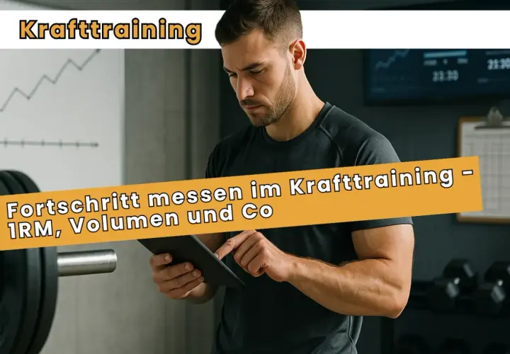 Mann im Fitnessstudio mit Tablet, misst Fortschritt im Krafttraining. Das Gewicht steigt, die Leistung auch.