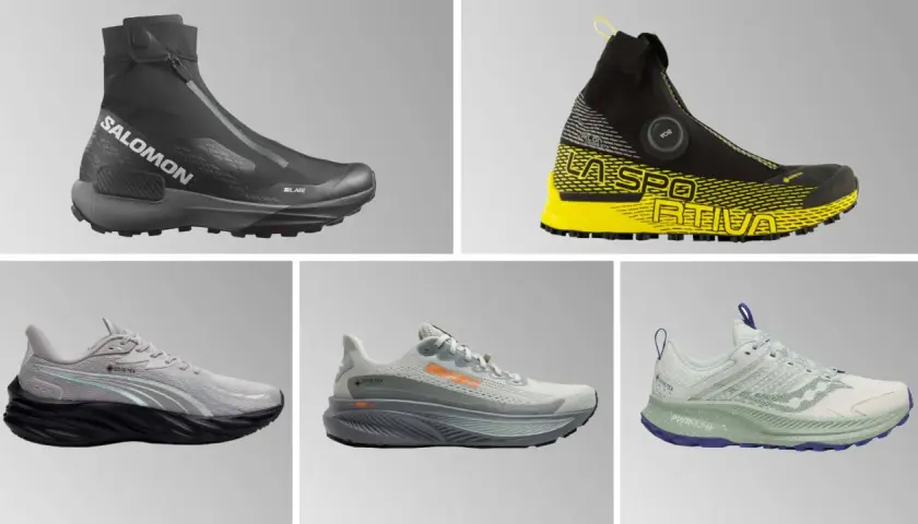 Fünf verschiedene Laufschuhe, darunter ein schwarzer Salomon-Schuh mit Reißverschluss und ein gelb-schwarzer La Sportiva-Schuh, ideal für Schnee.