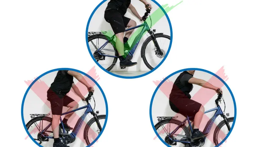 Oben: Richtige Sitzposition Fahrrad mit leicht gebeugten Knien. Unten: Falsche Sitzpositionen, die zu stark oder zu gebeugt sind.