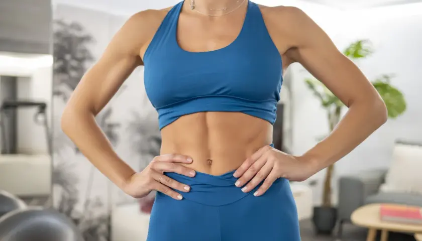 Frau mit durchtrainiertem Bauch und straffen Armen, die stolz ihre Ergebnisse zeigt. Sie hat ihr **Muskel trainieren** erfolgreich umgesetzt.