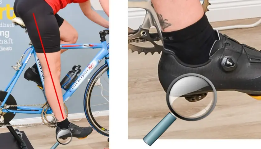 Die richtige Sitzposition Fahrrad Knie: Eine rote Linie zeigt die ideale Beinachse. Nahaufnahme des Schuhs mit Lupe.