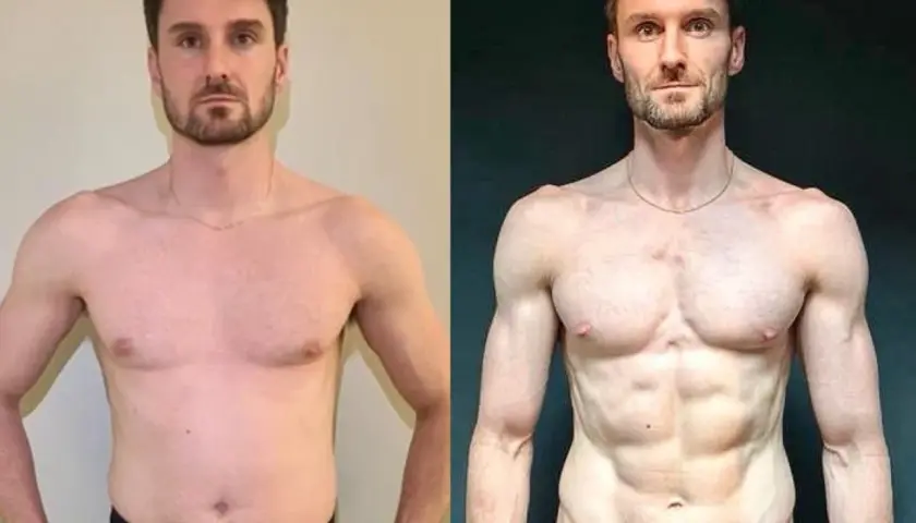 Mann vor und nach dem Training. Deutlich sichtbare Transformation: mehr Muskeln, weniger Fett. Er hat erfolgreich Kraft aufgebaut.