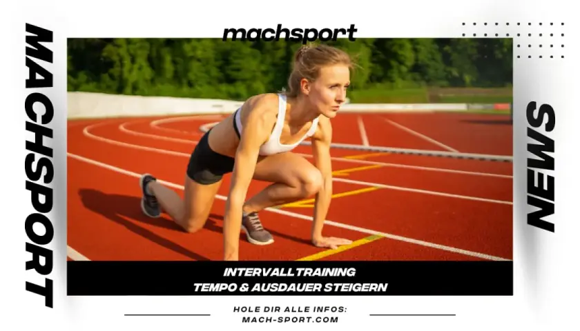 Läuferin in Startposition auf einer Laufbahn. Hier gibt es joggen tipps für Intervalltraining und Ausdauersteigerung.