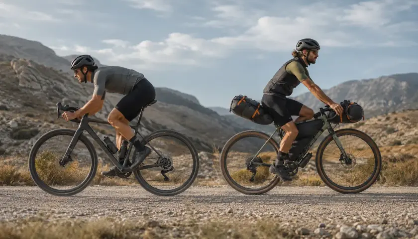 Zwei Radfahrer auf Schotterwegen, die das Abenteuer des Gravelns erleben. Sie fahren mit voll beladenen Rädern durch eine bergige Landschaft.