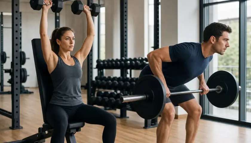 Frau hebt Hanteln, Mann rudert mit Langhantel. Perfekt für einen 2er Split oder 3er Split Trainingsplan.