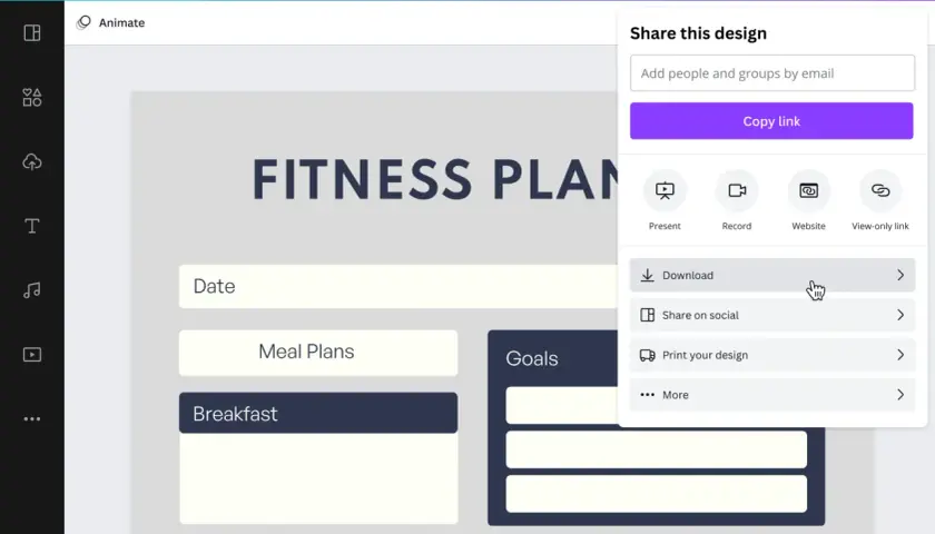 Fitnessplan-Vorlage in Canva. Hier kannst du deinen online Trainingsplan erstellen und ihn dann herunterladen oder teilen.