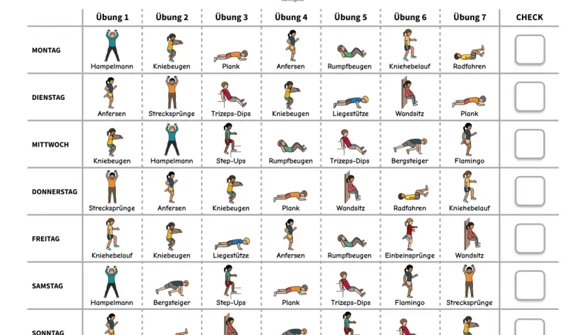 Fitnessplan Vorlage mit täglichen Übungen wie Hampelmann, Kniebeugen und Plank. Jede Übung dauert 30 Sekunden.