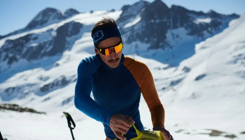 Mann in den Bergen, der sich auf das Zwiebelprinzip Kleidung vorbereitet. Er trägt eine blaue und orangefarbene Funktionsjacke und eine Skibrille.