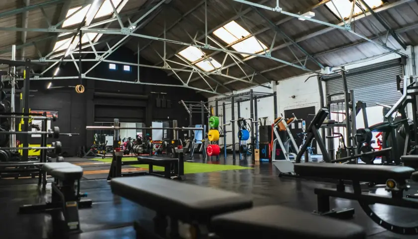 Gerät für Cardio und Muskelaufbau in einem modernen Fitnessstudio mit Hanteln, Gewichten und Trainingsbänken.