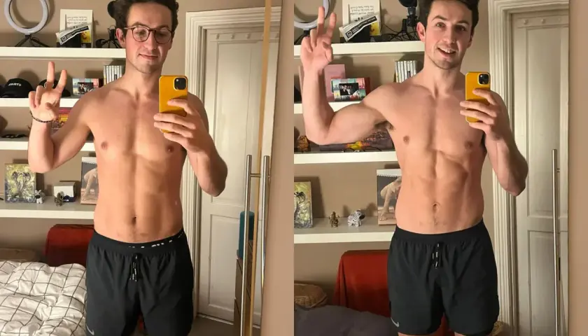 Mann zeigt beeindruckenden Muskelaufbau in 3 Monaten. Vorher-Nachher-Vergleich mit sichtbaren Fortschritten an Bauch und Armen.