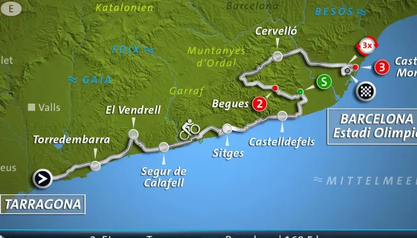 Karte der 2. Etappe der Tour de France: Tarragona nach Barcelona, 168,5 km. Die route tour de france führt entlang der Küste und durch hügeliges Gelände.