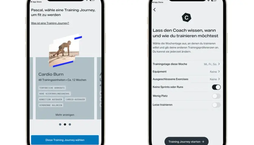 Fitness app kostenlos: Wähle "Cardio Burn" für 12 Wochen Training. Passe deine Trainingspräferenzen an, um deine Fitnessreise zu starten.