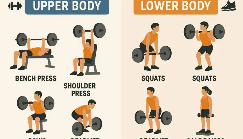 Workout plan vorlage: Oberkörper-Übungen (Bankdrücken, Schulterdrücken, Rudern) und Unterkörper-Übungen (Kniebeugen, Kreuzheben, Wadenheben).