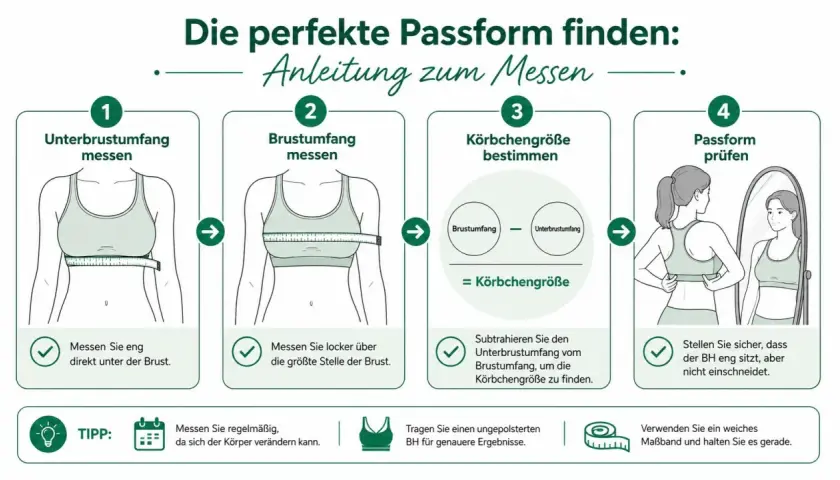 Anleitung zur BH-Größenermittlung: Unterbrustumfang und Brustumfang messen, Körbchengröße berechnen. Eine Brustumfang Tabelle hilft bei der perfekten Passform.