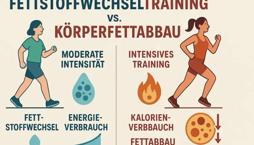 Vergleich von Fettstoffwechseltraining und Körperfettabbau. Moderate Intensität fördert Fettstoffwechsel, intensives Training den Kalorienverbrauch für Fettabbau.