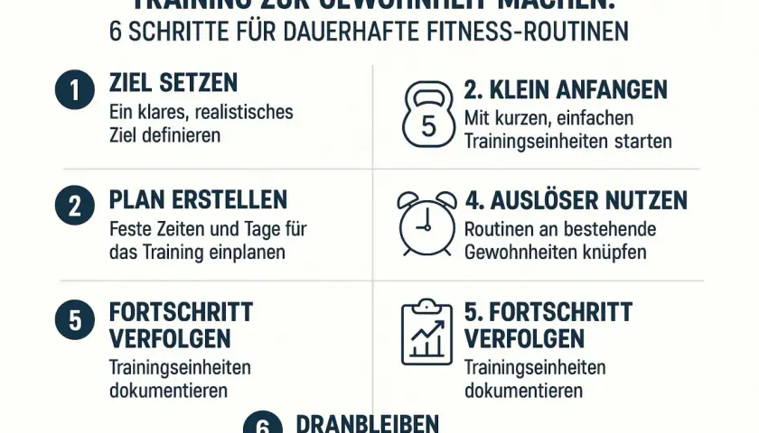 6 Schritte für dauerhafte Fitness-Routinen: Ziel setzen, klein anfangen, planen, Auslöser nutzen, Fortschritt verfolgen und dranbleiben.