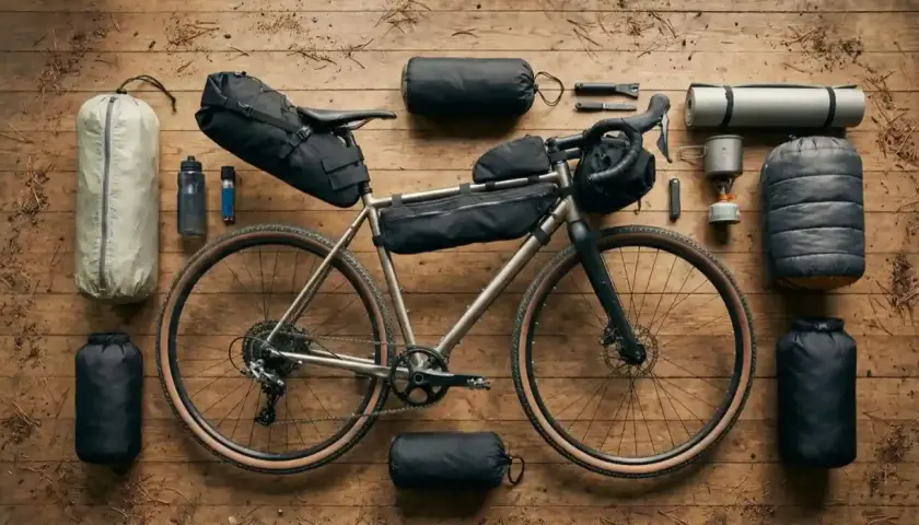 Fahrrad mit Bikepacking-Taschen, Schlafsack, Isomatte, Kocher und Wasserflaschen bereit für ein Abenteuer.