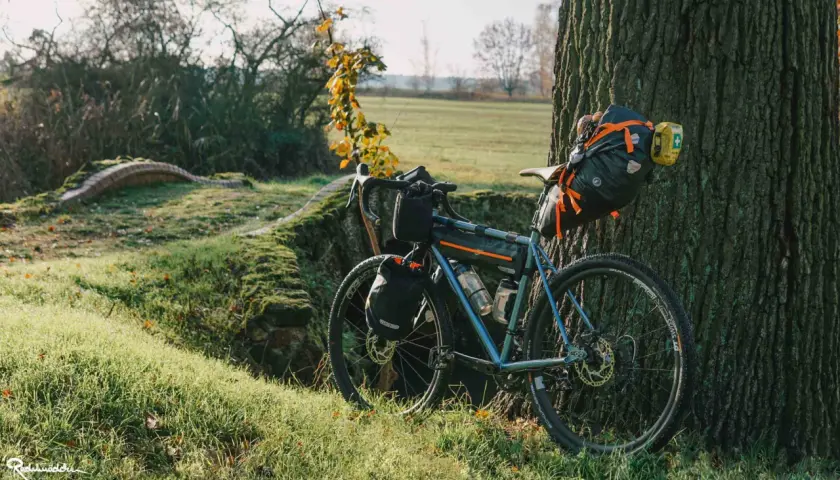 Gepäckträger-Fahrrad lehnt an Baum, bereit für Fahrradreisen Deutschland. Sonnenschein, Herbstlaub und eine kleine Brücke im Hintergrund.