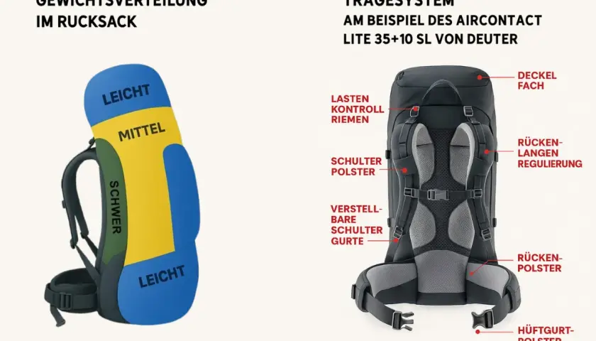 Rucksack mit farbiger Gewichtsverteilung (leicht, mittel, schwer) und detaillierter Ansicht des Tragesystems. Ideal für alle, die mit Rucksack joggen wollen.