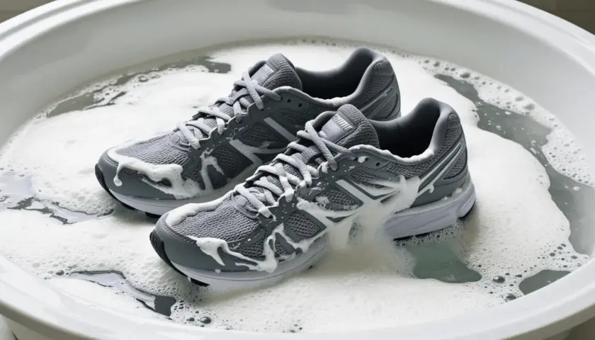Graue Laufschuhe werden in einem Schaumbad gereinigt.