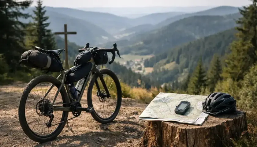 Gravelbike mit Gepäcktaschen, Karte und Helm auf einem Baumstumpf, bereit für Abenteuer. Perfekt für deine nächsten Gravelbike Touren.