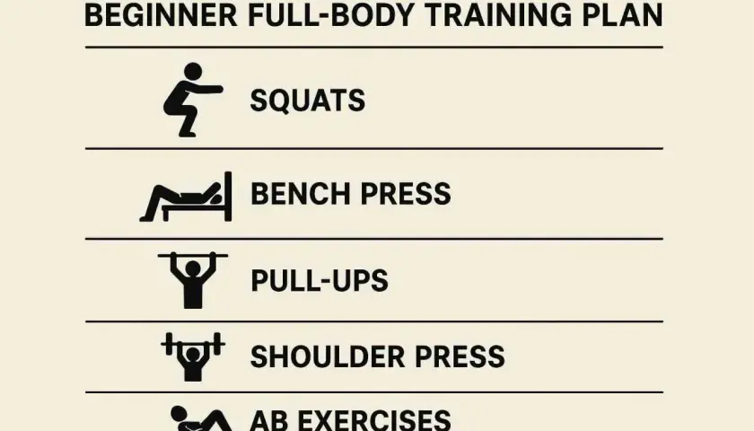 Ein Trainingsplan für Anfänger: Kniebeugen, Bankdrücken, Klimmzüge, Schulterdrücken und Bauchübungen zeigen, wie trainiere ich richtig.