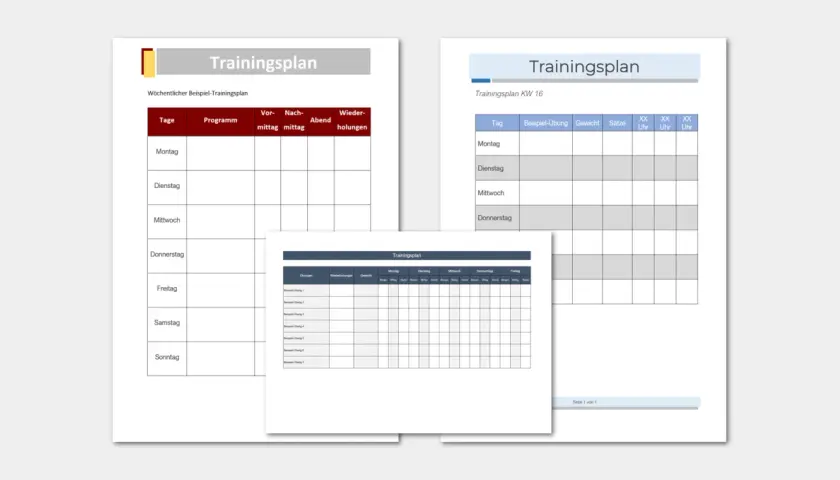 Kostenlose Trainingsplan-Vorlagen für die Wochenplanung. Verschiedene Formate zur Organisation von Übungen, Wiederholungen und Zeiten.