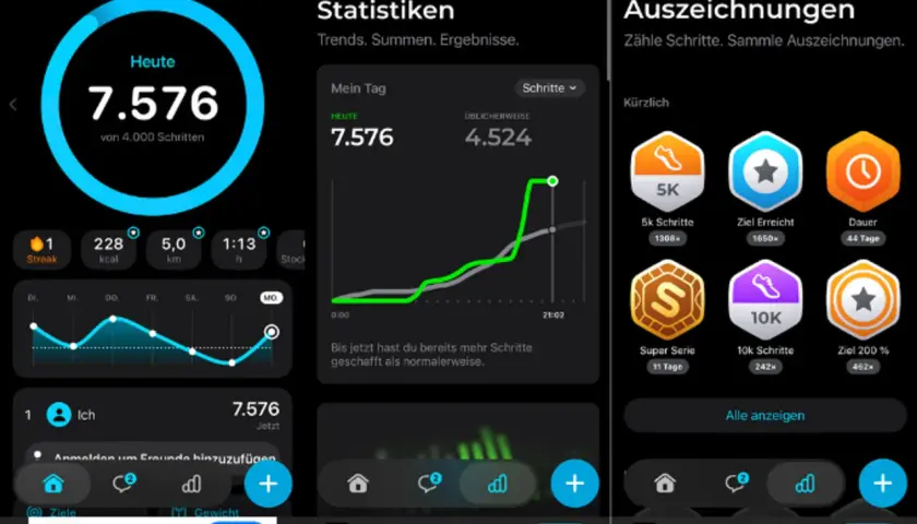 Schritte zählen mit der laufen App: 7.576 Schritte heute, Statistiken und Auszeichnungen wie 5K und 10K.