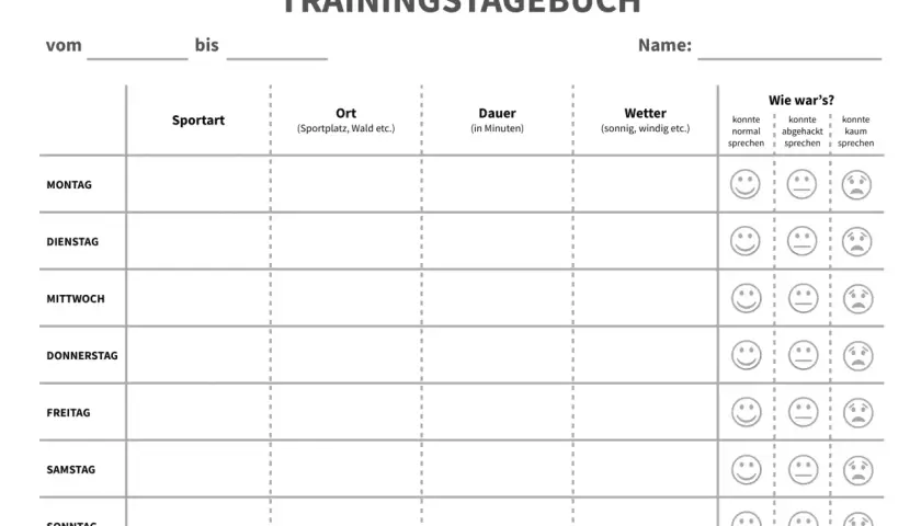 Ein Trainingsplan zum Ausdrucken mit Feldern für Sportart, Ort, Dauer, Wetter und Wohlbefinden.