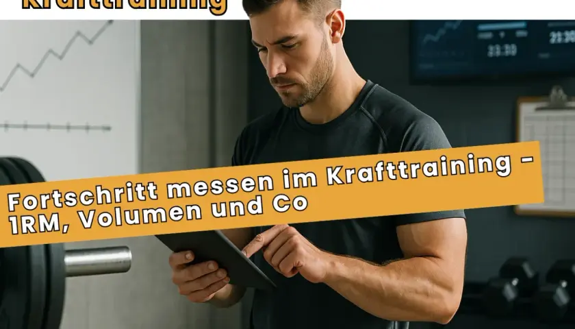 Mann im Fitnessstudio mit Tablet, misst Fortschritt im Krafttraining. Das Gewicht steigt, die Leistung auch.