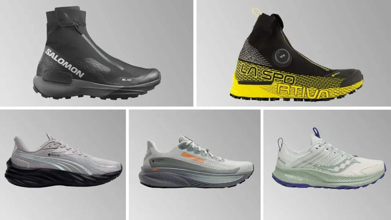 Fünf verschiedene Laufschuhe, darunter ein schwarzer Salomon-Schuh mit Reißverschluss und ein gelb-schwarzer La Sportiva-Schuh, ideal für Schnee.