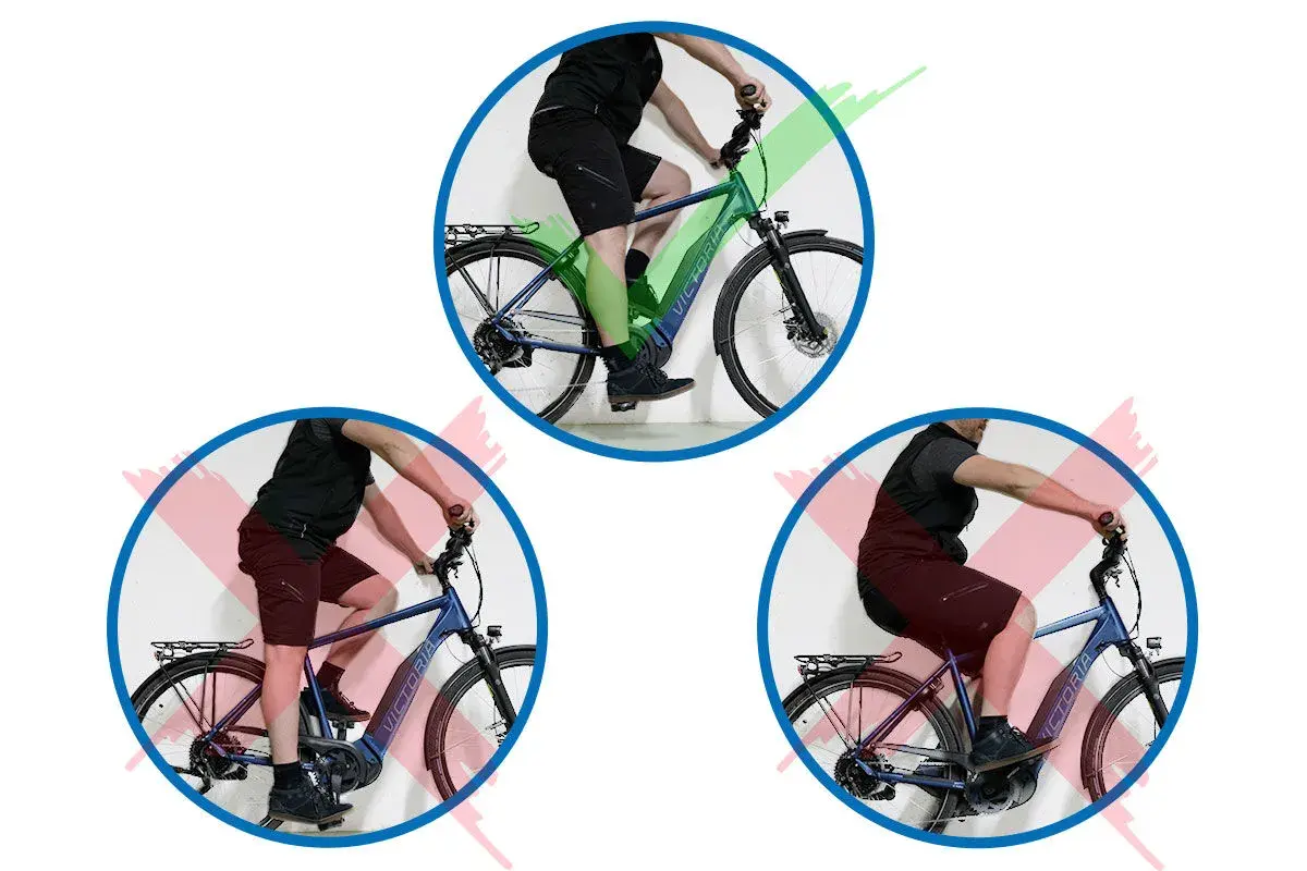 Oben: Richtige Sitzposition Fahrrad mit leicht gebeugten Knien. Unten: Falsche Sitzpositionen, die zu stark oder zu gebeugt sind.