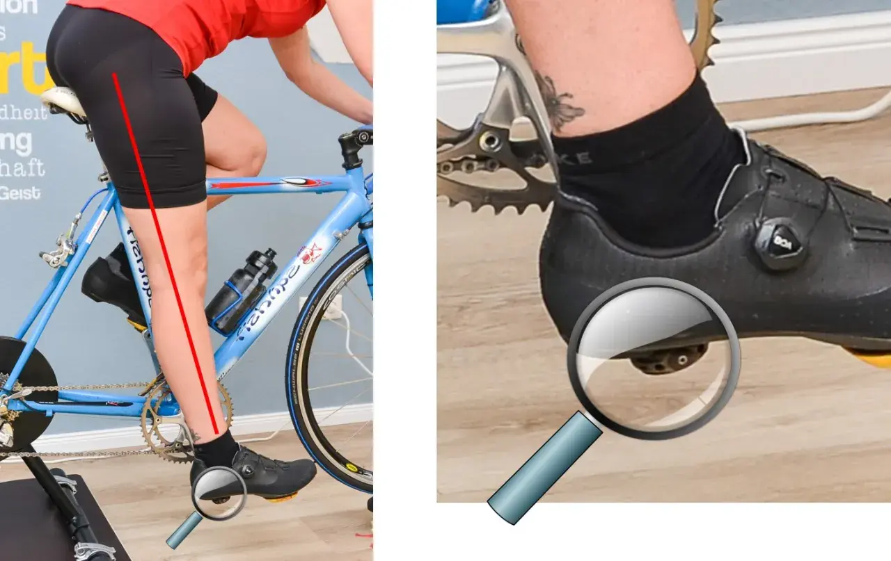 Die richtige Sitzposition Fahrrad Knie: Eine rote Linie zeigt die ideale Beinachse. Nahaufnahme des Schuhs mit Lupe.