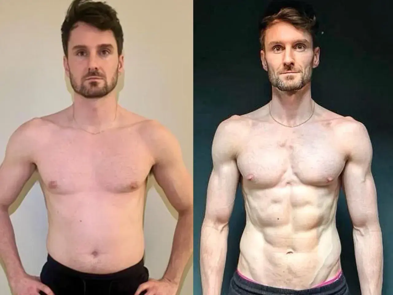 Mann vor und nach dem Training. Deutlich sichtbare Transformation: mehr Muskeln, weniger Fett. Er hat erfolgreich Kraft aufgebaut.