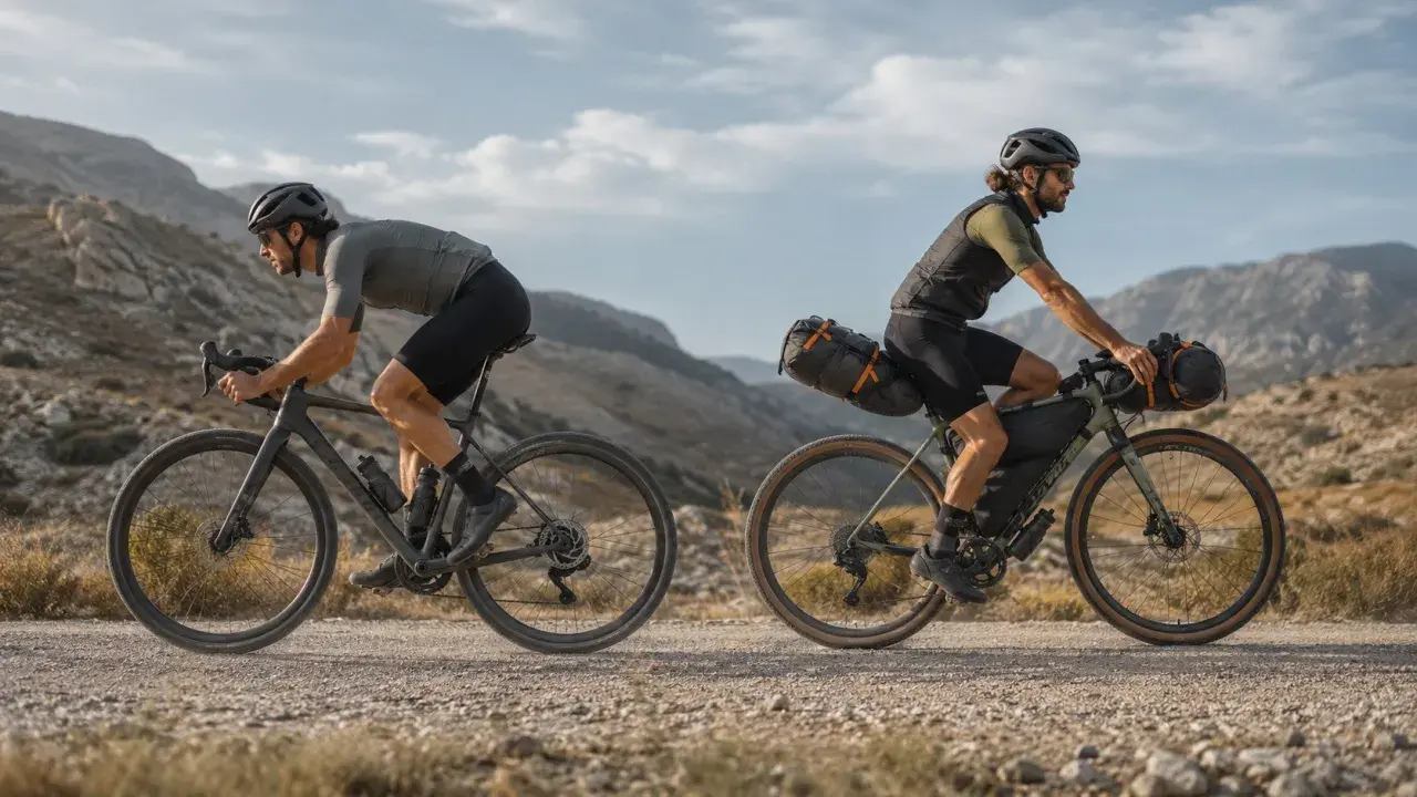Zwei Radfahrer auf Schotterwegen, die das Abenteuer des Gravelns erleben. Sie fahren mit voll beladenen Rädern durch eine bergige Landschaft.
