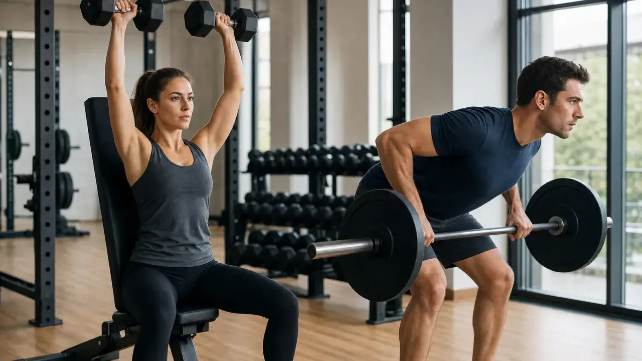 Frau hebt Hanteln, Mann rudert mit Langhantel. Perfekt für einen 2er Split oder 3er Split Trainingsplan.