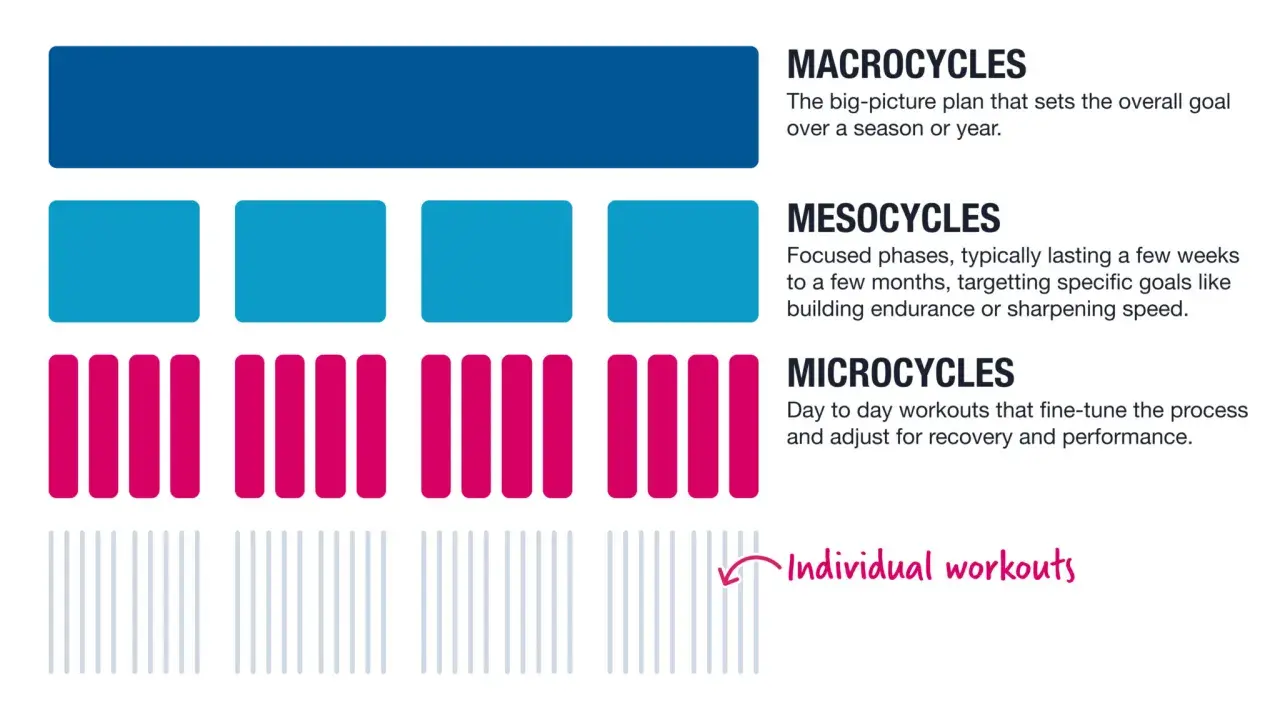 Grafische Darstellung der Periodisierung im Training: Makro-, Meso- und Mikrozyklen, die zu individuellen Workouts führen.