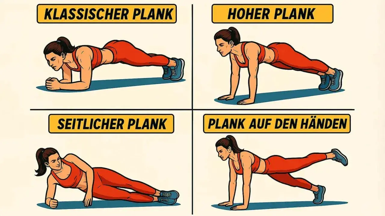 Vier Darstellungen einer Frau in verschiedenen Plank-Positionen: klassischer Plank, hoher Plank, seitlicher Plank und Plank auf den Händen. Jede Übung zeigt eine korrekte Plank-Haltung.