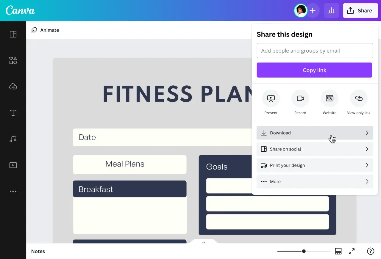 Fitnessplan-Vorlage in Canva. Hier kannst du deinen online Trainingsplan erstellen und ihn dann herunterladen oder teilen.
