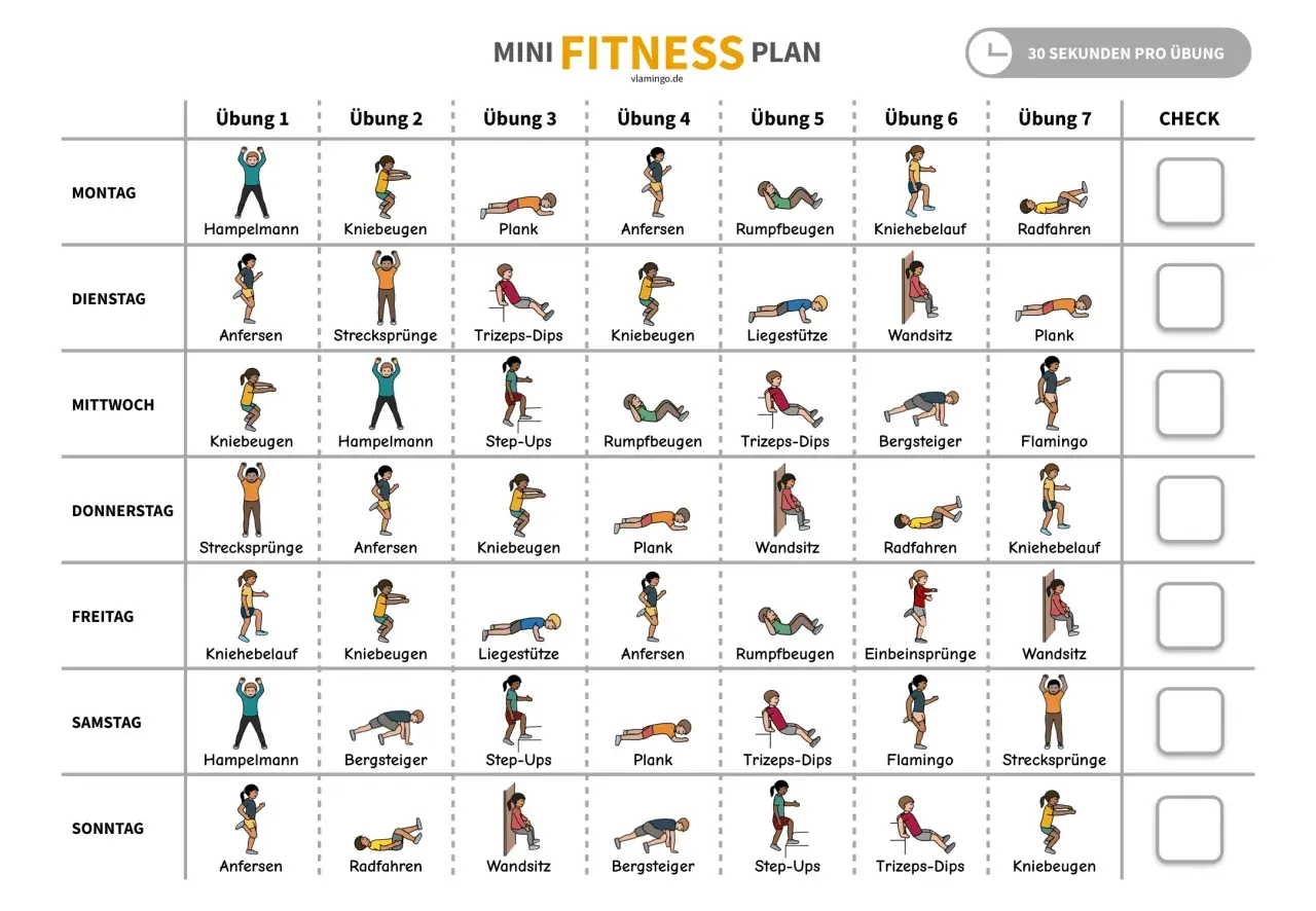 Fitnessplan Vorlage mit täglichen Übungen wie Hampelmann, Kniebeugen und Plank. Jede Übung dauert 30 Sekunden.
