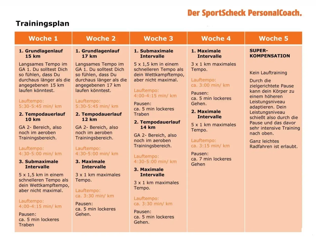 Trainingsplan Vorlage leer Word: 5-Wochen-Laufplan mit Grundlagenläufen, Intervallen und Tempodauerläufen. Woche 5 ist Erholung.