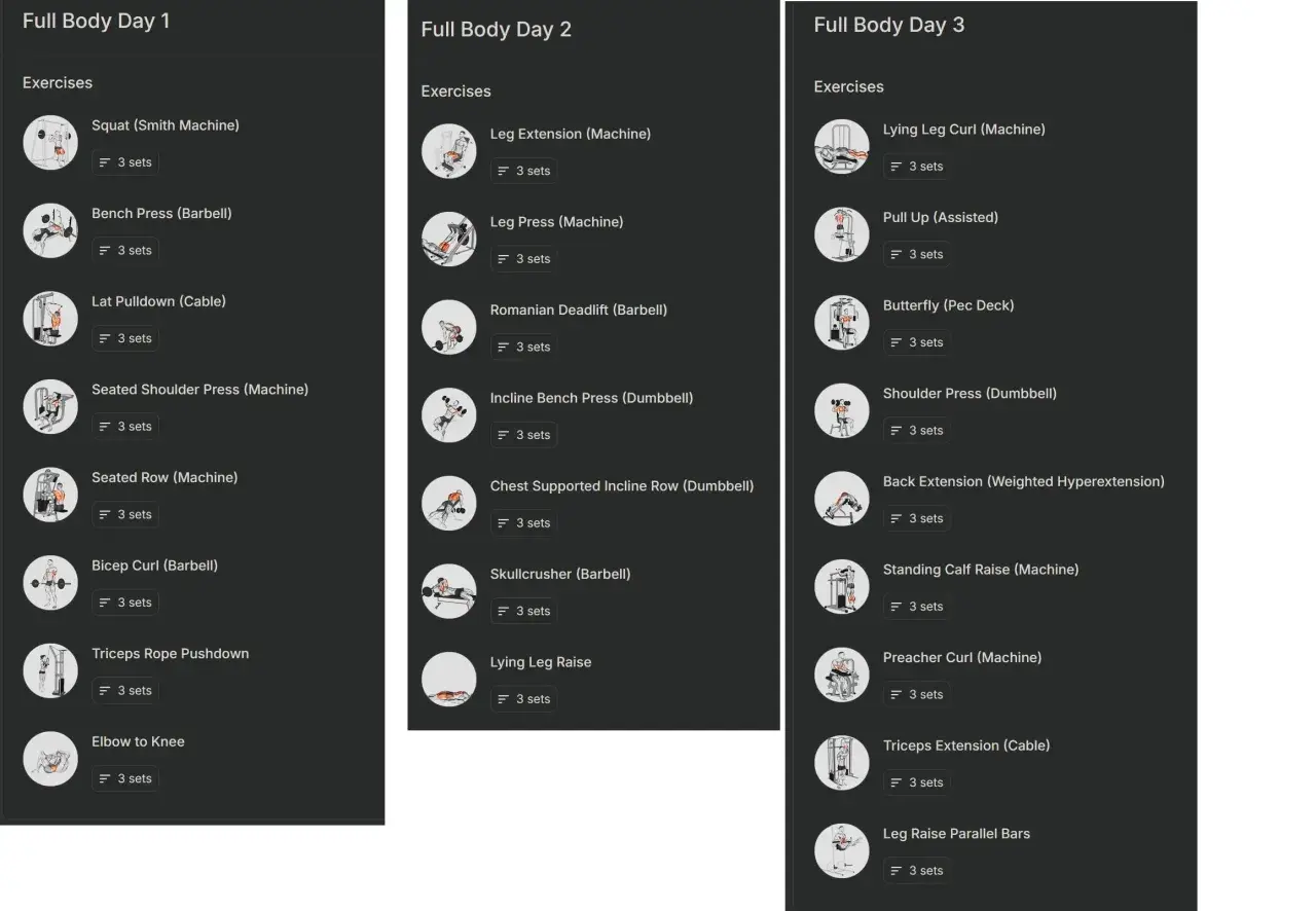 Trainingsplan: Full Body Tag 1, 2 und 3. Jede Übung hat 3 Sätze. Das ist ein Beispiel für einen Trainings-Split.