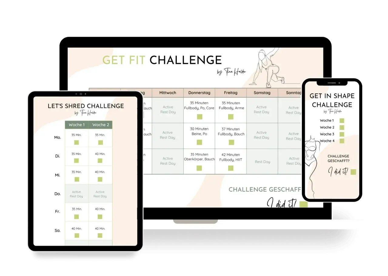 Digitale Geräte zeigen einen Trainingsplan zum Erstellen. Der Plan ist in Wochen und Tage unterteilt, mit Übungen und Ruhetagen.