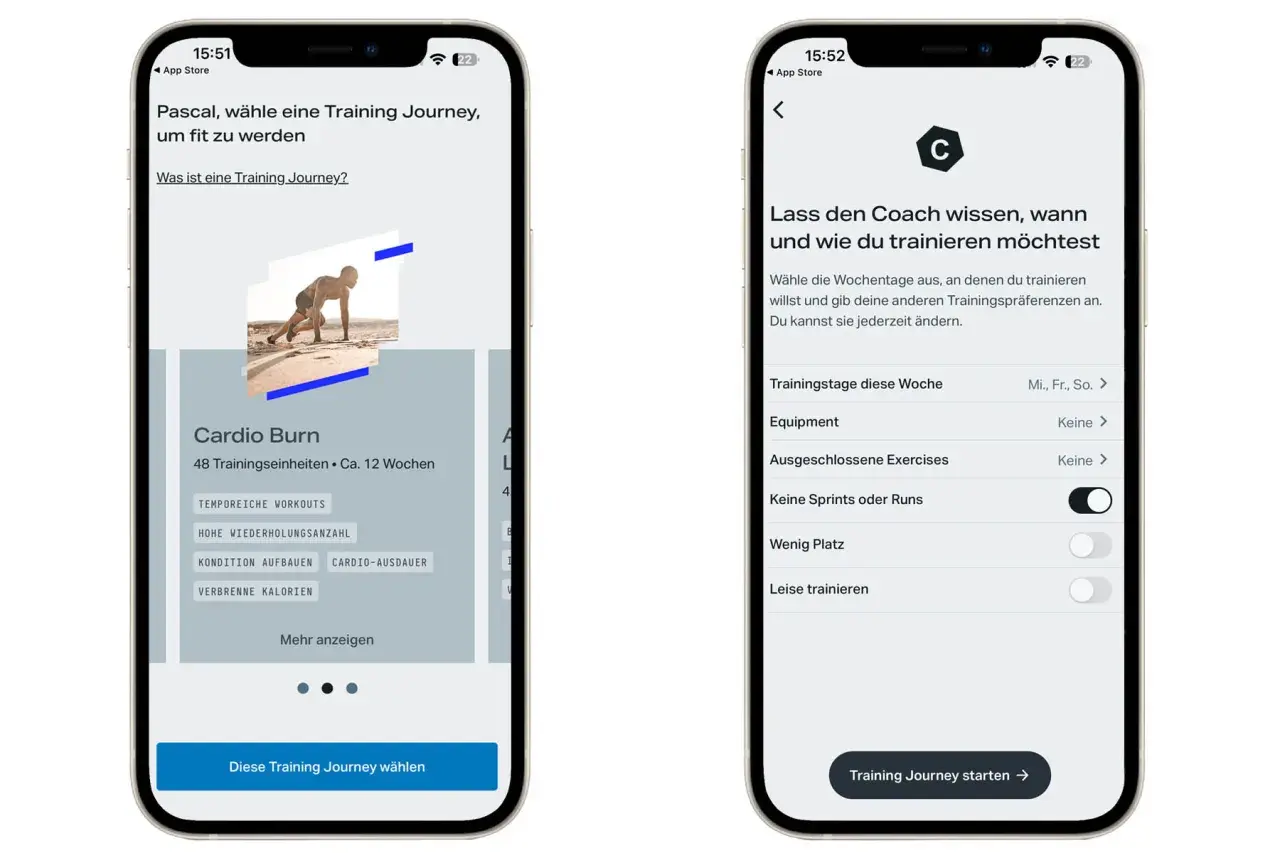 Fitness app kostenlos: Wähle "Cardio Burn" für 12 Wochen Training. Passe deine Trainingspräferenzen an, um deine Fitnessreise zu starten.