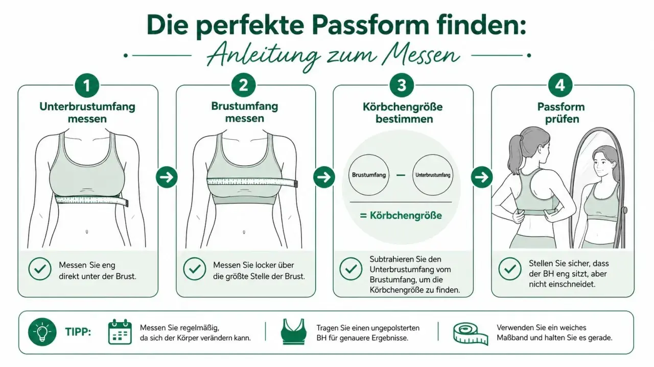 Anleitung zur BH-Größenermittlung: Unterbrustumfang und Brustumfang messen, Körbchengröße berechnen. Eine Brustumfang Tabelle hilft bei der perfekten Passform.