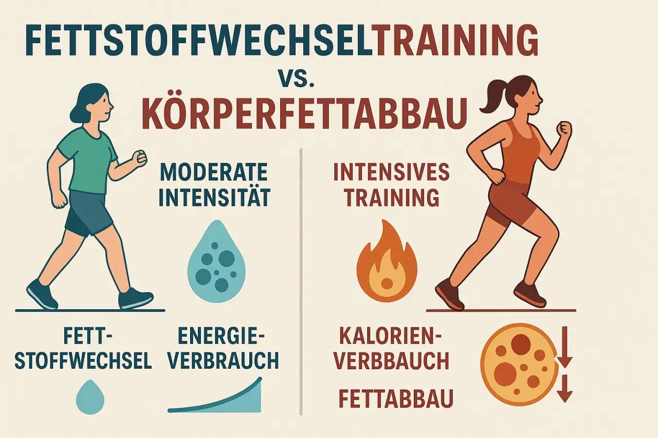 Vergleich von Fettstoffwechseltraining und Körperfettabbau. Moderate Intensität fördert Fettstoffwechsel, intensives Training den Kalorienverbrauch für Fettabbau.