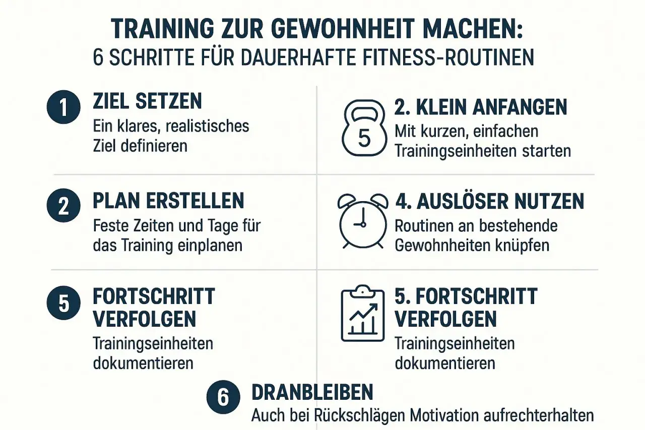 6 Schritte für dauerhafte Fitness-Routinen: Ziel setzen, klein anfangen, planen, Auslöser nutzen, Fortschritt verfolgen und dranbleiben.