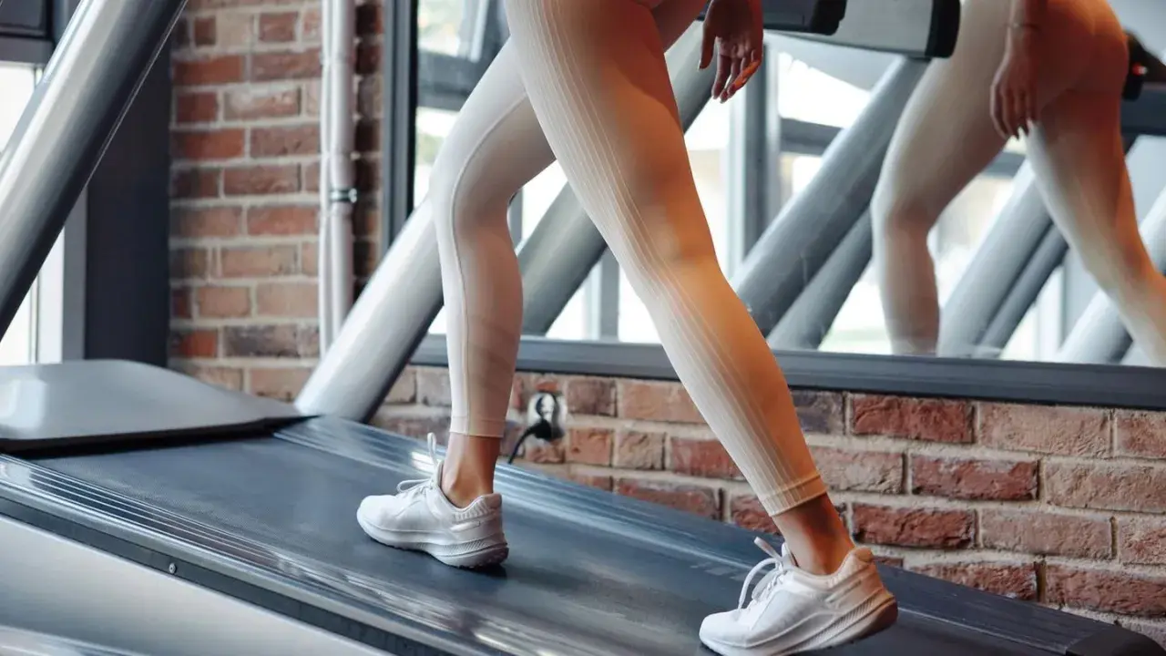 Frau in hellen Leggings und weißen Turnschuhen läuft auf einem Laufband. Sie trainiert für die 12 3 30 Methode.