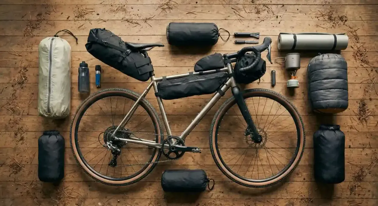 Fahrrad mit Bikepacking-Taschen, Schlafsack, Isomatte, Kocher und Wasserflaschen bereit für ein Abenteuer.